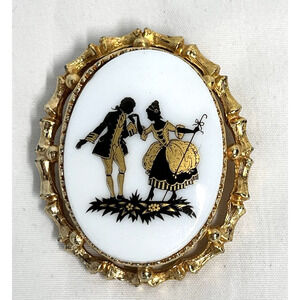 Vintage English French Colonial Man Woman Brooch Pin Porcelain Gold Black #20B